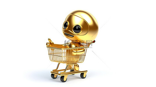 吉祥物人物推着购物车的 3D 渲染，伴随着白色背景上显示的金奖获得者奖杯
