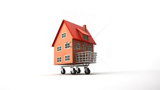 早安卖场背景图片_购物车的 3D 插图，里面有一座房子，白色背景隔离