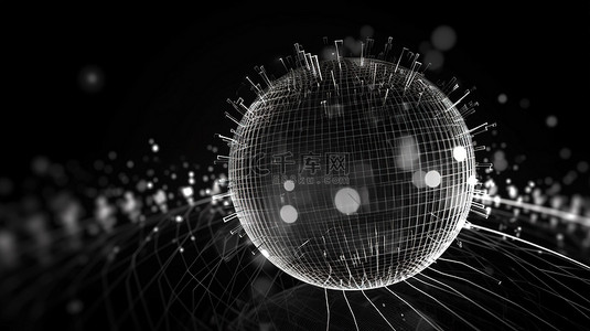 数字数据网格带有线框和点的球体的 3D 插图