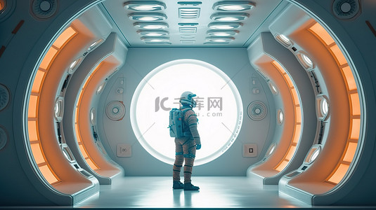 孤独颂歌背景图片_未来派室内科幻室中的孤独太空探索者，具有巨大的窗户 3D 渲染
