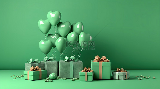 气球礼盒背景背景图片_爱情节日绿色背景的插图，配有心形气球礼盒和快乐的情人节祝福