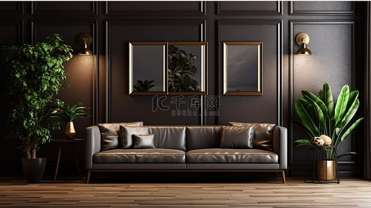 沙发和植物装饰着客厅 3d 渲染中带有相框的深色木墙