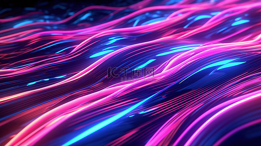 荧光蓝荧光背景图片_具有抽象方向的无序粉色和蓝色霓虹灯线的 3D 渲染