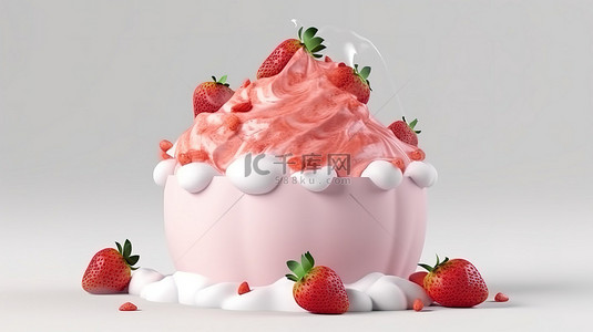 冰上嬉戏背景图片_草莓 bingsu 的卡通风格 3d 渲染与冰淇淋在白色背景隔离的刨冰上供应