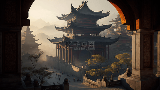 远处枯木背景图片_亭台楼阁建筑复古插画背景