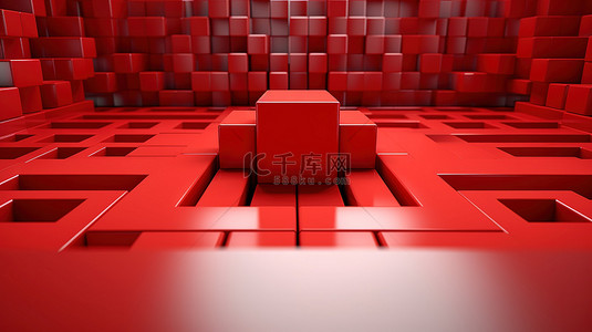 充满活力的方形面板，在抽象 3D 渲染中具有醒目的红色积木中心