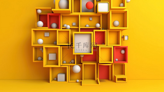 黄色背景上彩色社交媒体框架的 3D 插图