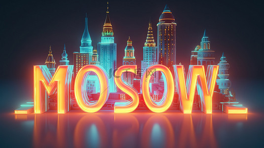 莫斯科市的 3D 插图，带有排版刻字和霓虹灯渐变灯