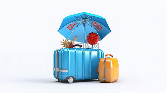 蓝色休息背景图片_白色背景显示蓝色手提箱 3D 渲染，里面装有海滩必需品，如雨伞救生圈椅和沙滩球