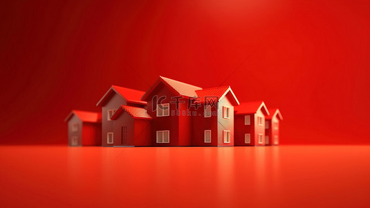 一组模糊房屋的孤立红色背景的 3D 插图