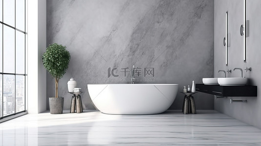 陶瓷背景背景图片_带花岗岩瓷砖墙和浴缸的瓷砖浴室的 3D 渲染