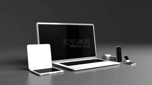 干净的白色笔记本电脑和手机显示屏的 3D 渲染