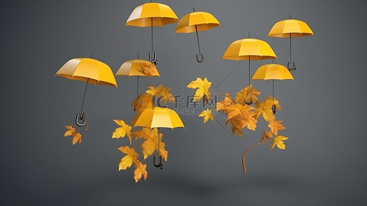 秋季主题灰色背景的 3D 渲染，带有飞行的黄色雨伞和文本复制空间