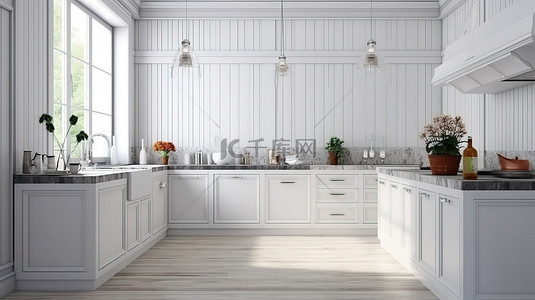 优雅的斯堪的纳维亚厨房配有精致的白色木镶板和使用 3D 技术打造的大理石台面