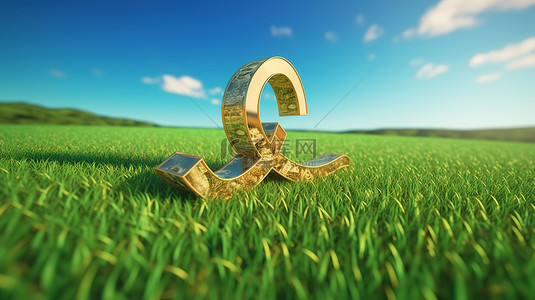 3d 渲染中的黄金美元符号呈现在郁郁葱葱的绿色草坪和蓝色背景上