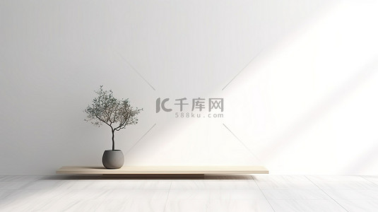 产品展示墙家装背景图片_光滑的木桌，树影投射到白色瓷砖墙上，非常适合 3D 模型产品展示
