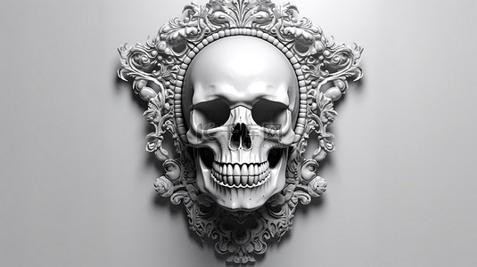 灰色背景下镜子上反射的头骨的 3D 渲染