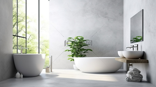 白色石质洗脸盆浴室梳妆台的当代 3D 渲染