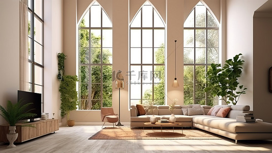 椅子海报背景图片_宽敞客厅的 3D 插图，配有高天花板和大窗板