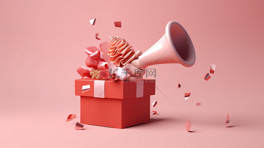 卡通礼品盒背景图片_从手握的礼品盒中出现的扩音器的 3D 插图