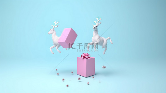 两只驯鹿从装饰着红丝带和雪花的白色礼盒中跃出，在蓝色背景下进行 3D 渲染