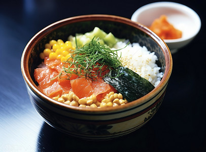 米饭拌饭料背景图片_一碗米饭加寿司和调味品