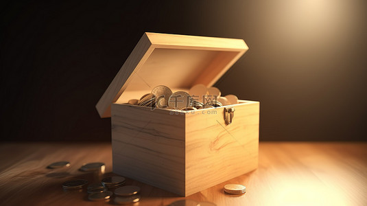 背景上盒子里装着一枚大硬币的 3d 插图，象征着捐赠储蓄和钱罐