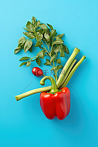 蓝色背景中船上的红辣椒和各种蔬菜