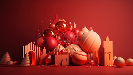 红色金色节日背景图片_充满活力的 3D 渲染节日明信片，带有圣诞节和新年的节日元素