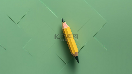 带有几何阴影的薄荷色背景上石墨黄色铅笔的 3D 渲染