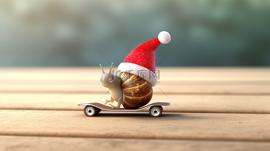 冬季帽子背景图片_圣诞老人的蜗牛滑冰者带有帽子和空空间的 3D 插图