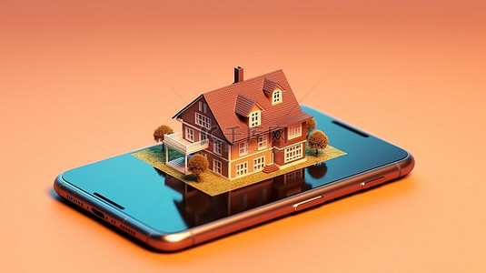 带有智能手机和房屋重叠的房地产横幅的 3D 插图