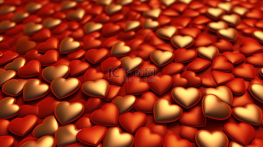 热爱生活的人背景图片_令人惊叹的 3D 渲染中的心形红色和金色背景壁纸
