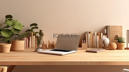 桌上办公用品背景图片_木质书桌上笔记本电脑和文具的工作空间灵感 3D 渲染，具有充足的复印空间