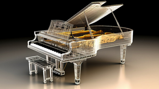 优雅的老式钢琴，带走道 3D 机身设计和线框模型