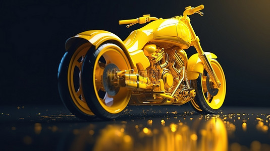 充满活力的 3D 黄色摩托车，采用大胆的紫色背景流行色彩和动态后轮运动