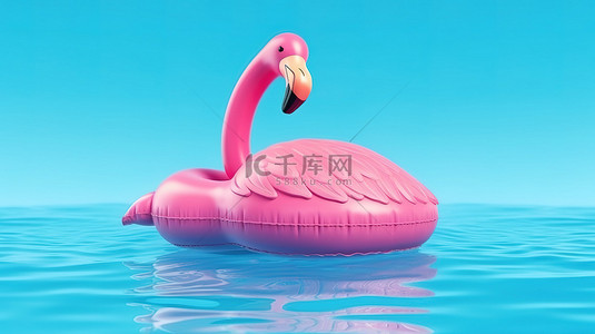 3D 渲染充气火烈鸟，蓝色背景上有粉红色的饮料