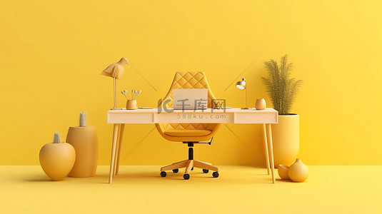 简约的淡黄色办公桌，可看到成功交易员的 3D 渲染侧面图