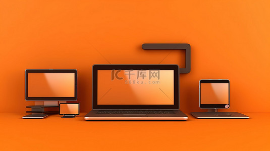 橙色手机背景图片_橙色墙架上的小工具笔记本电脑手机和平板电脑在方形背景 3D 插图中