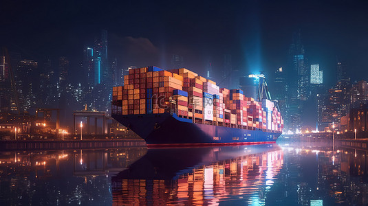 冷库配送背景图片_集装箱航运船舶运输的夜间城市景观 3D 渲染
