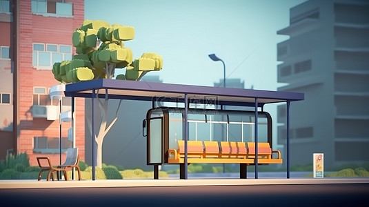 长条卡样机背景图片_卡通城市公共交通巴士站的 3D 插图