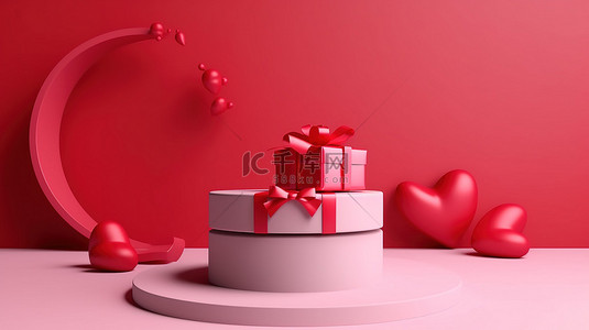 生日物品背景图片_情人节礼物在粉红色演示台上拆箱红丝带礼物，并带有 3D 渲染