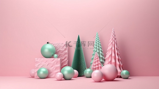 粉色柔和 3d 渲染图像中的最小圣诞树玩具