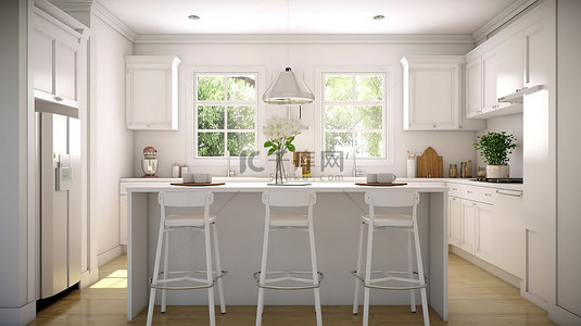 可旋转吧椅背景图片_优雅的白色厨房，配有 3D 渲染的吧凳