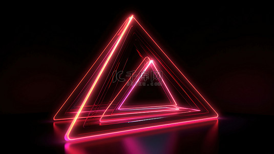 抽象粉红色的霓虹三角灯，在深色背景上用发光线进行 3d 渲染