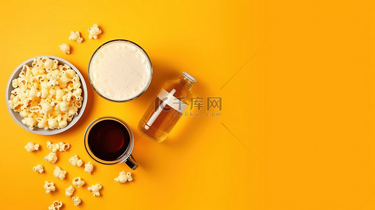 零食黄色背景背景图片_从上方观看黄色背景的电影中断啤酒玉米环零食遥控器和 3D 眼镜