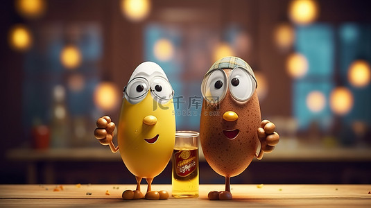 有趣的 3D 描绘，两个鸡蛋享受啤酒庆祝复活节和友谊