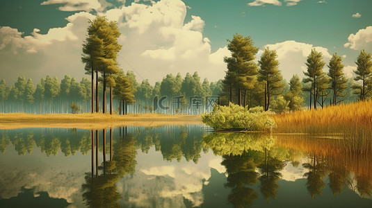 背景水中背景图片_夏季背景 3D 渲染绿树和黄草反映在宁静的湖中