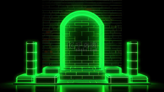 抽象砖墙或门户摄影几何背景与霓虹绿3D产品展示台