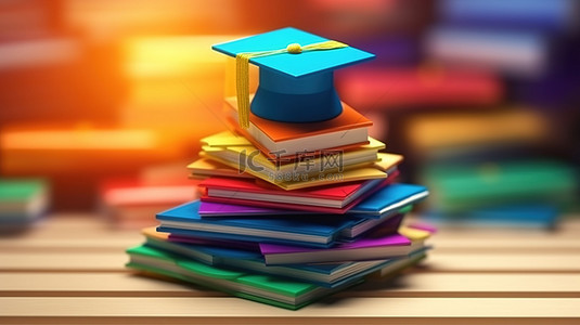 3D 渲染图标说明教育概念，毕业帽放置在书籍上